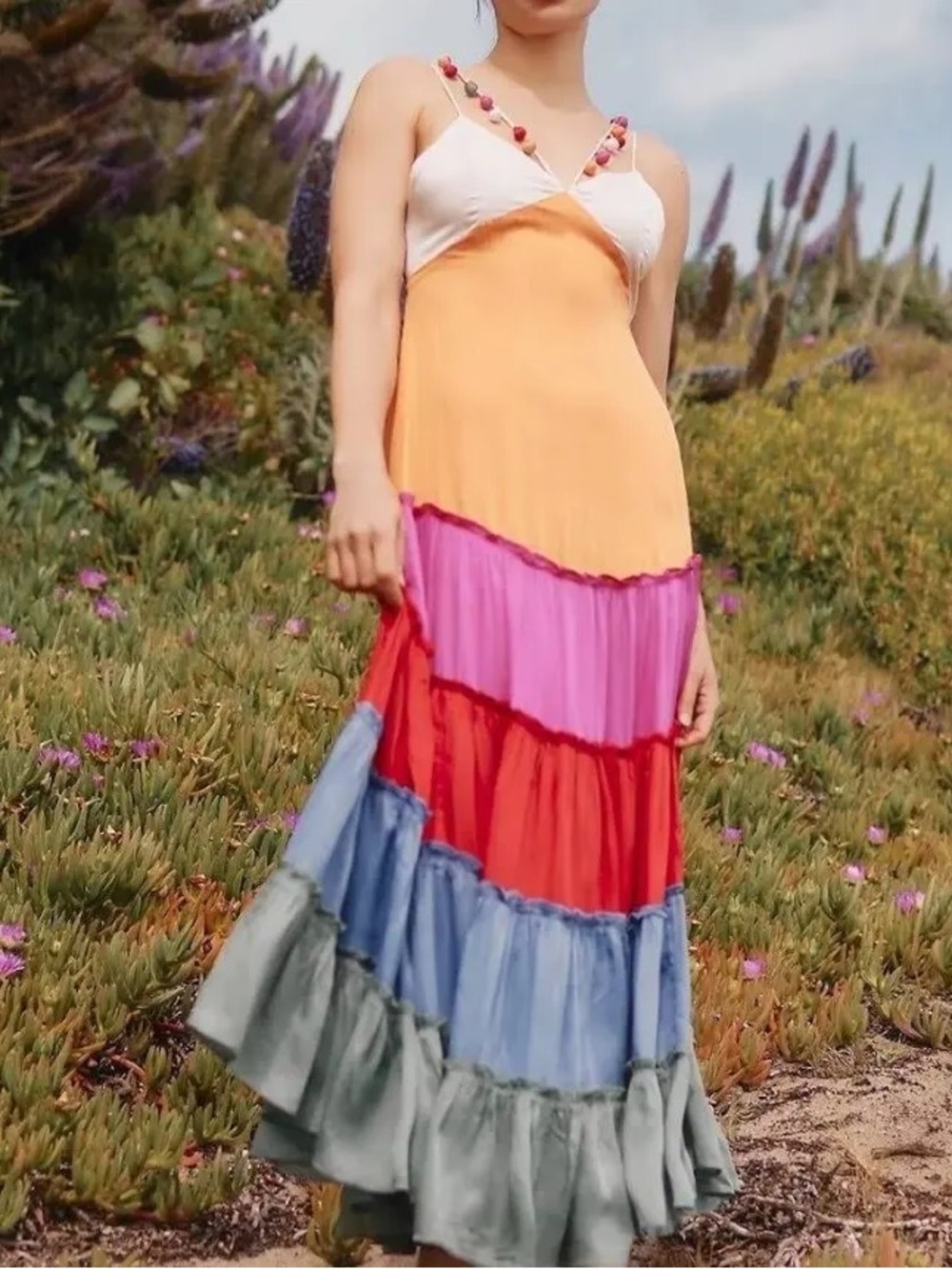 Anthropologie Multi-Color Tiered Maxi Dress with Pom Strap Detail - Picture 1 of 1